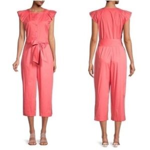 Gal Meets Glam Saffron Flutter Sleeve Crop Jumpsuit in Watermelon Size 12P